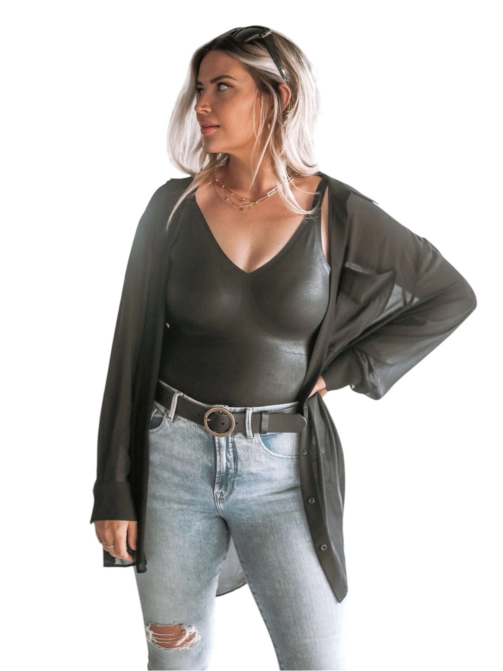 Knix Papaya Box Thong Bodysuit Faux Leather Shine Bra Black Women’s Large